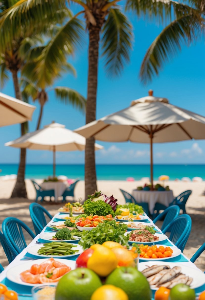 A table set with fresh produce and seafood, surrounded by palm trees and beach umbrellas