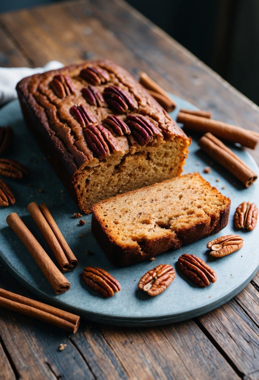 A warm, aromatic pecan loaf cake surrounded by cinnamon sticks and whole pecans on a rustic wooden table