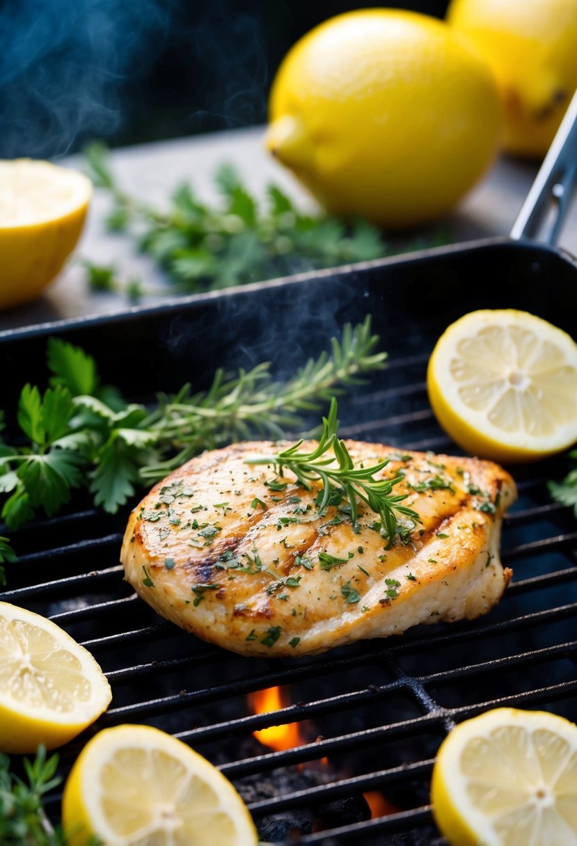 A sizzling lemon herb chicken breast cooks on a hot grill, surrounded by fresh herbs and lemon slices