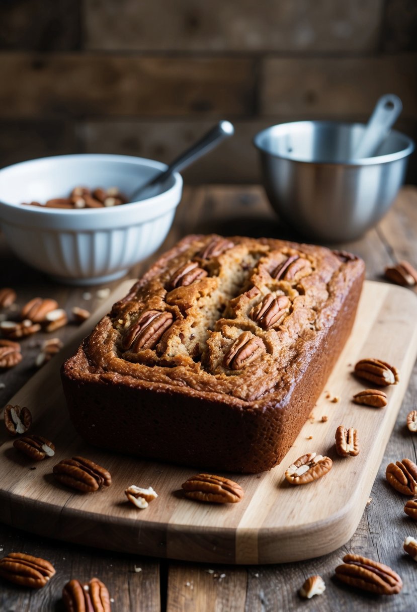 A rustic kitchen scene with a freshly baked pecan loaf cooling on a wooden cutting board, surrounded by scattered pecans and a mixing bowl