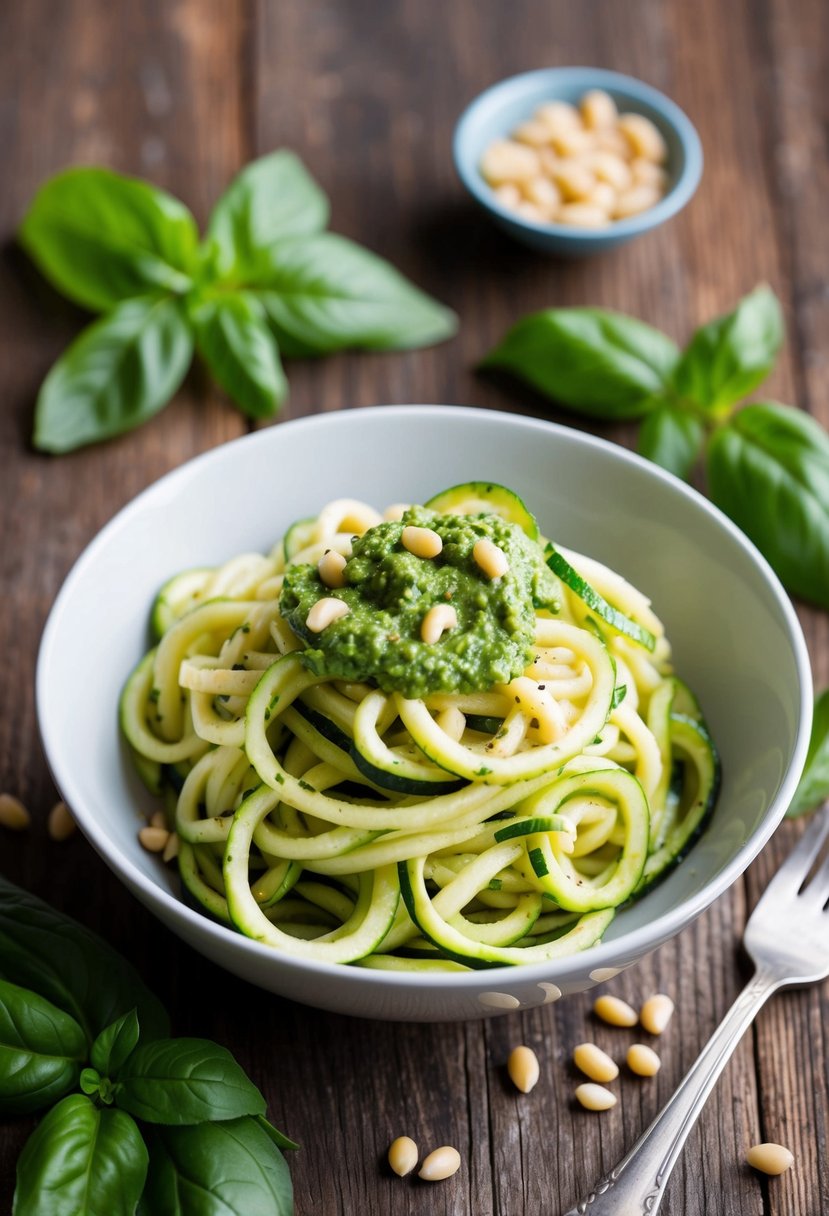 A bowl of zucchini noodles topped with pesto sauce sits on a rustic wooden table, surrounded by fresh basil leaves and pine nuts