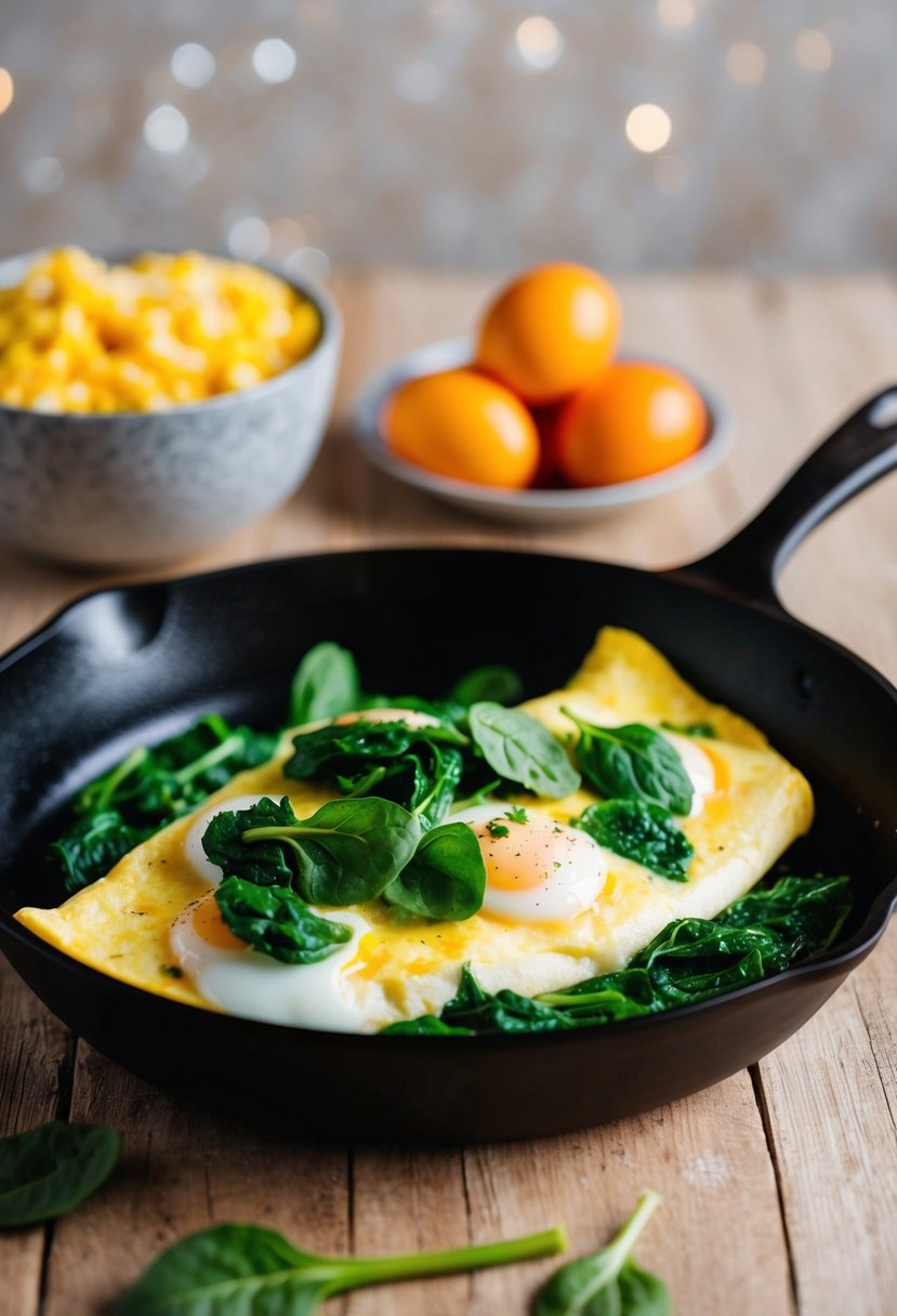 A skillet with a sizzling egg white omelette filled with vibrant green spinach