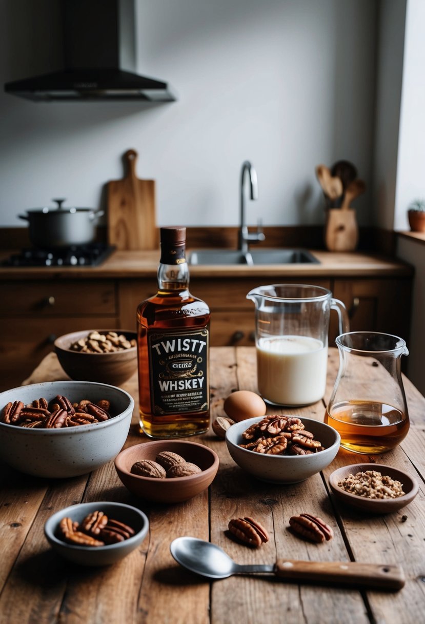 A rustic kitchen table with ingredients and utensils for baking, including pecans, walnuts, whiskey, and a twist pecan loaf cake recipe