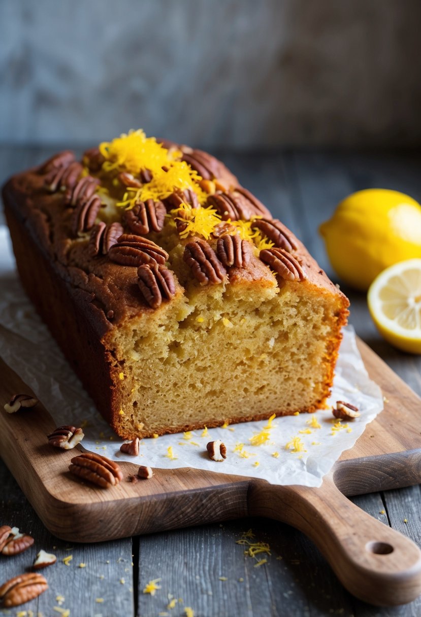 A golden-brown pecan loaf cake topped with lemon zest and a sprinkle of chopped pecans, sitting on a rustic wooden cutting board