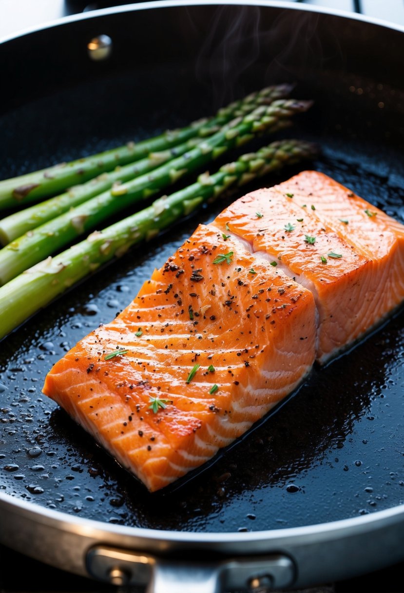 A sizzling salmon fillet and fresh asparagus on a broiling pan