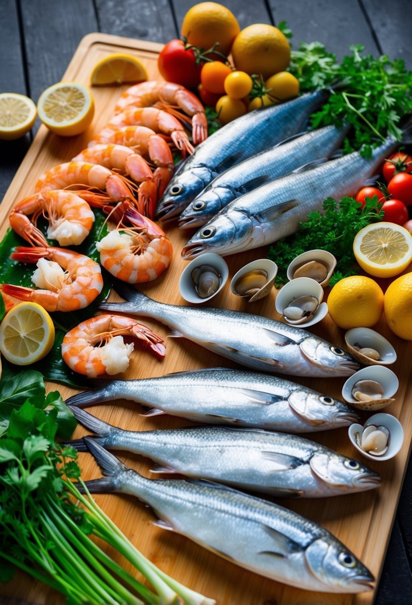 A colorful array of fresh seafood, including shrimp, fish, and clams, is laid out on a wooden cutting board alongside vibrant vegetables and aromatic herbs