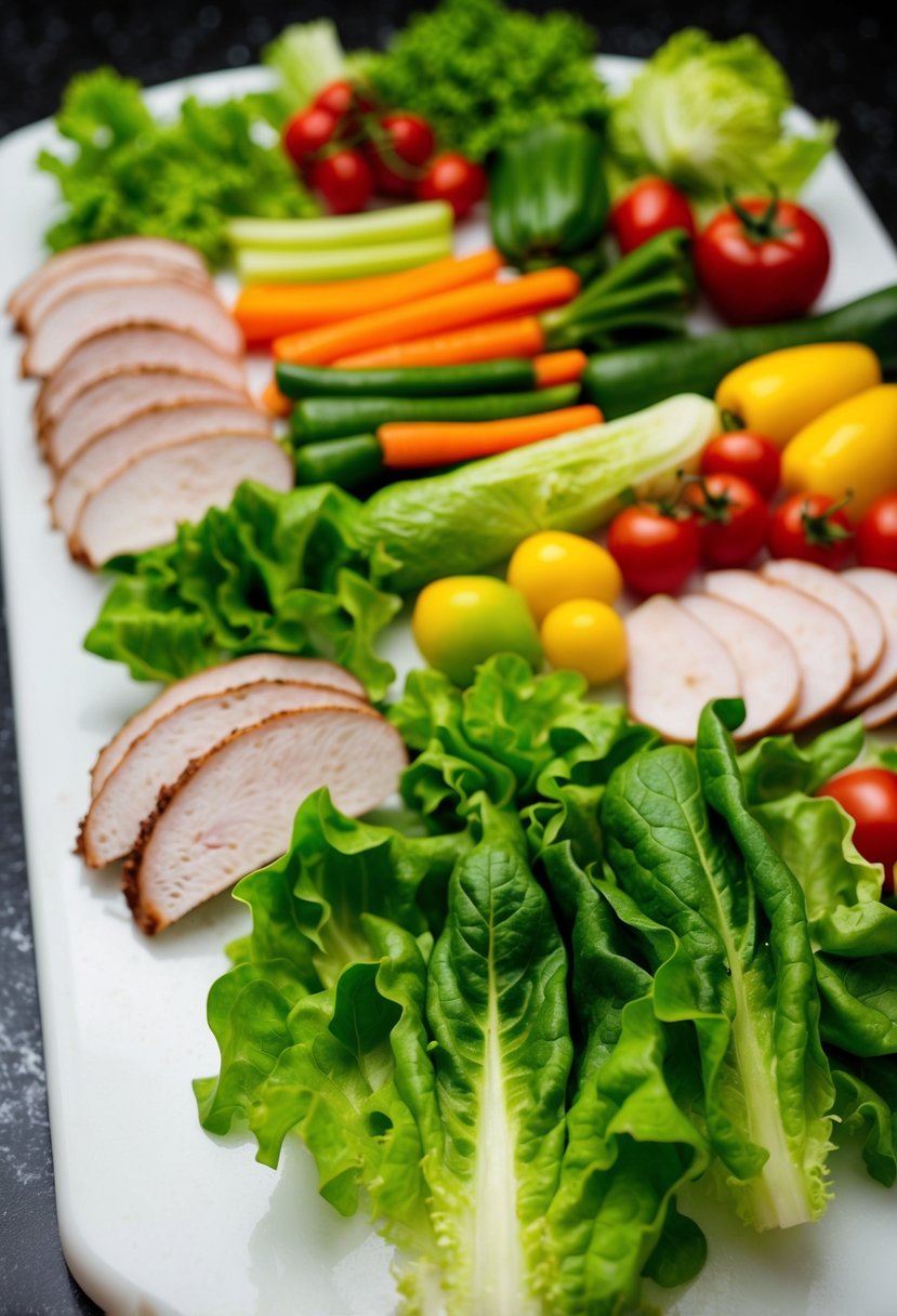 A colorful array of fresh lettuce leaves, turkey slices, and various colorful vegetables arranged on a clean, white cutting board