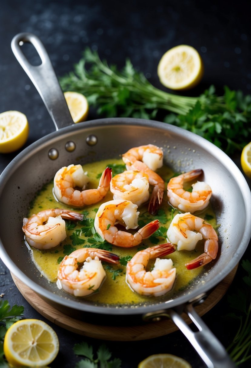 A sizzling pan with garlic butter shrimp, surrounded by fresh herbs and lemon slices