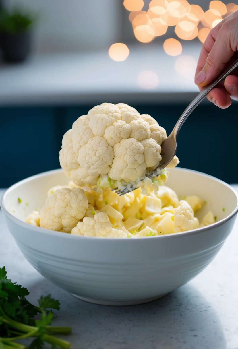 A cauliflower being mashed in a bowl with a fork