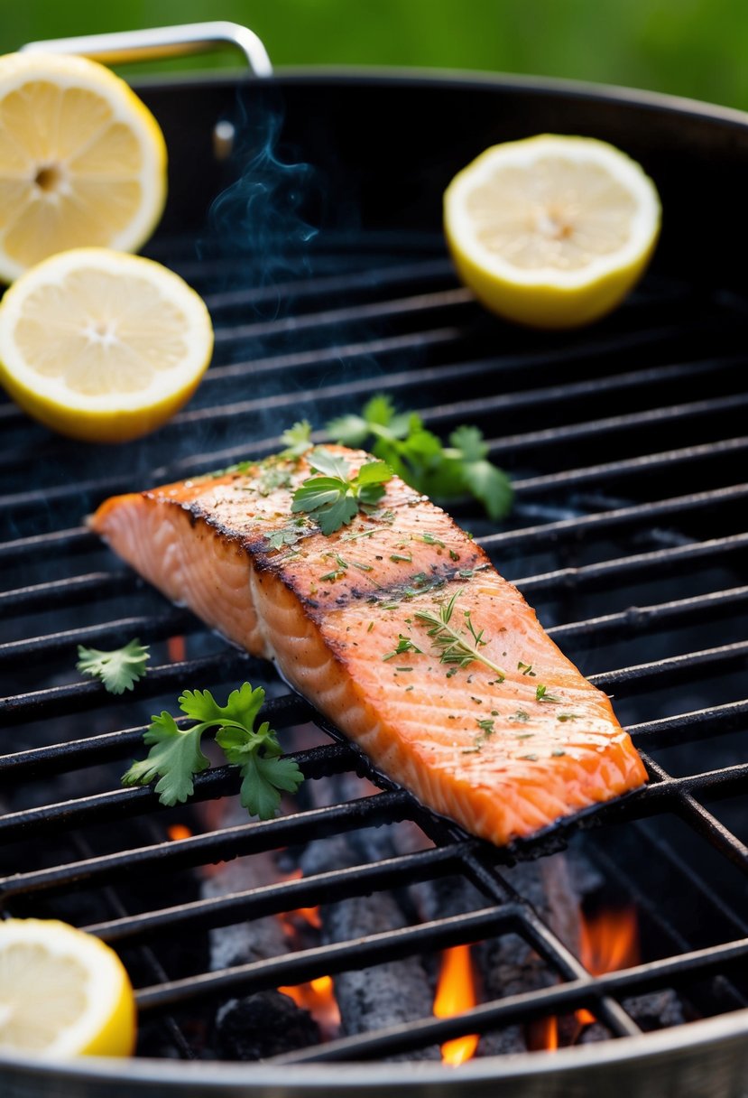 A fillet of salmon being grilled on a barbecue with lemon slices and fresh herbs scattered around it