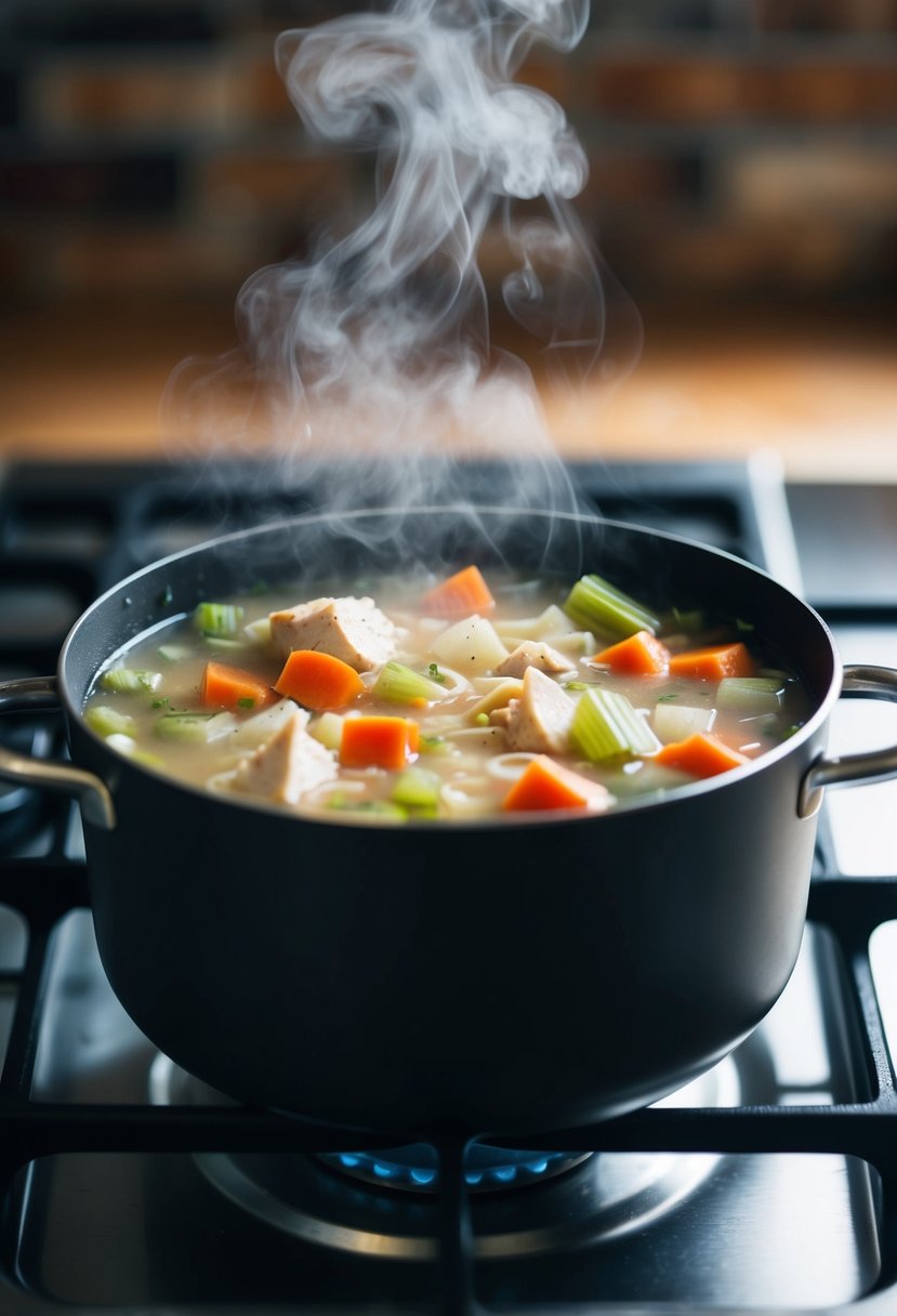 A pot of chicken vegetable soup simmers on a stovetop, steam rising from the bubbling liquid. Carrots, celery, and chunks of chicken are visible in the broth