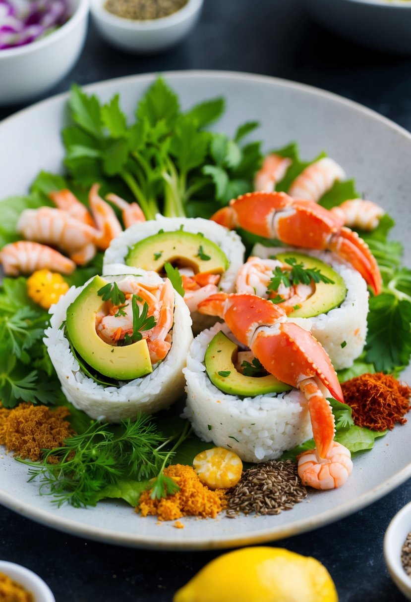 A platter with a crab and avocado roll surrounded by fresh seafood ingredients and garnished with colorful herbs and spices