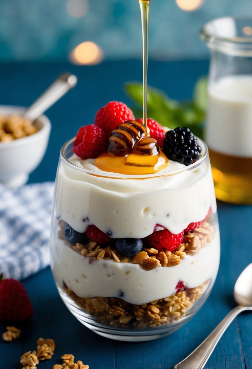 A glass parfait dish filled with layers of Greek yogurt, granola, and fresh berries, topped with a drizzle of honey