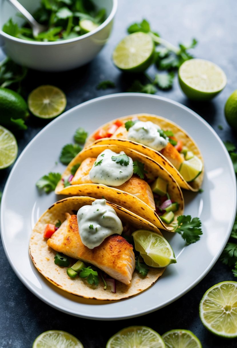 A plate of tilapia tacos topped with lime crema, surrounded by fresh ingredients and garnishes