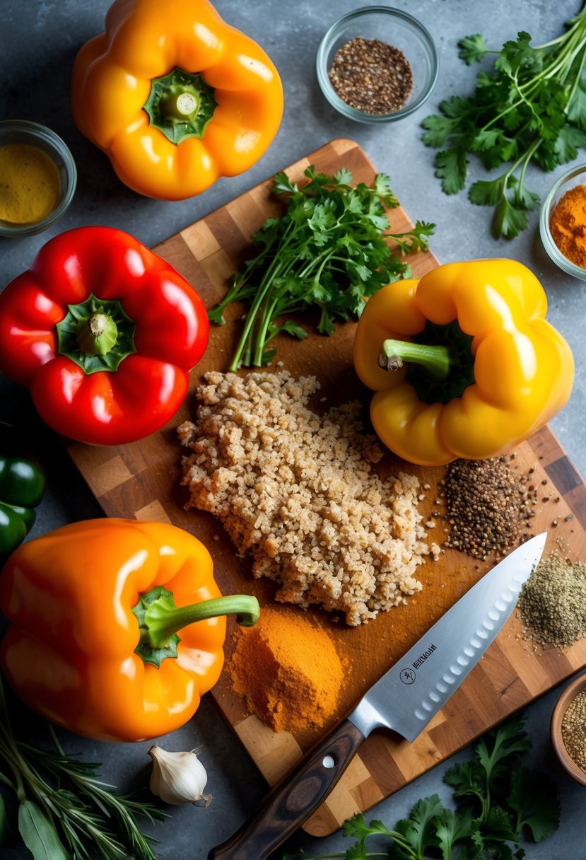 Fresh bell peppers, ground turkey, and quinoa on a cutting board surrounded by various spices and herbs