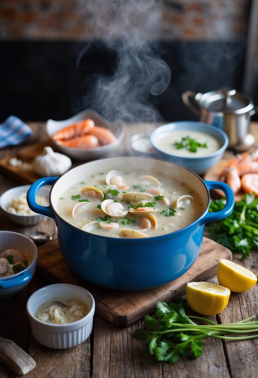 A steaming pot of clam chowder surrounded by fresh seafood and ingredients on a rustic kitchen counter