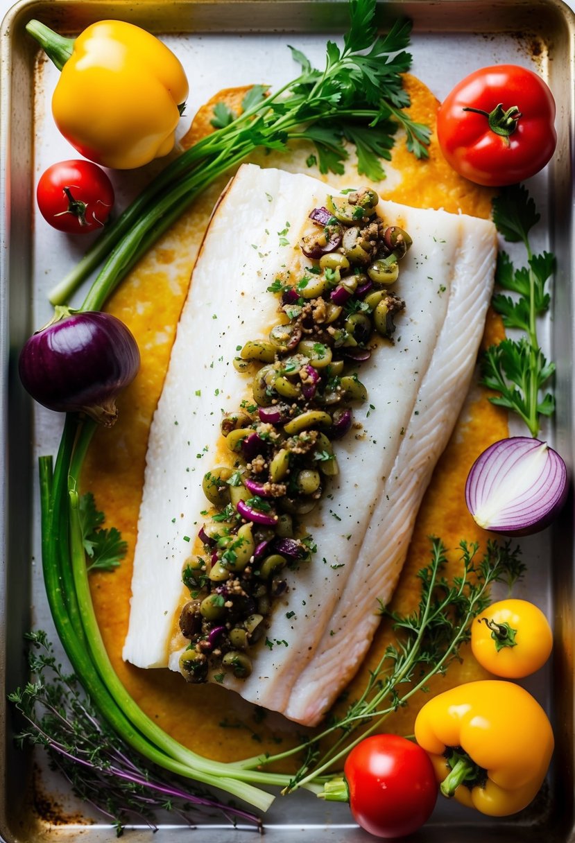 A fresh cod fillet topped with olive tapenade sits on a baking sheet surrounded by colorful vegetables and herbs