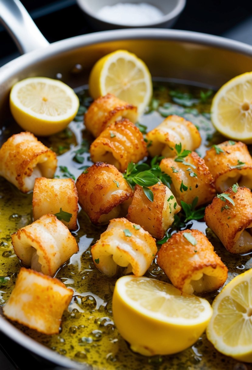 Golden-brown calamari pieces sizzling in hot oil, surrounded by lemon wedges and a sprinkle of fresh herbs