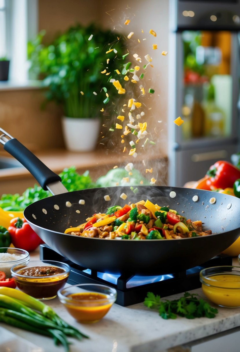 A wok sizzling with stir-fry ingredients, surrounded by colorful vegetables, sauces, and spices on a kitchen counter