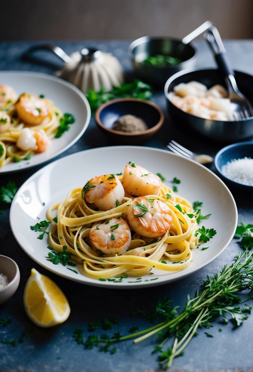 A plate of scallop linguine with seafood and herbs, surrounded by cooking utensils and ingredients