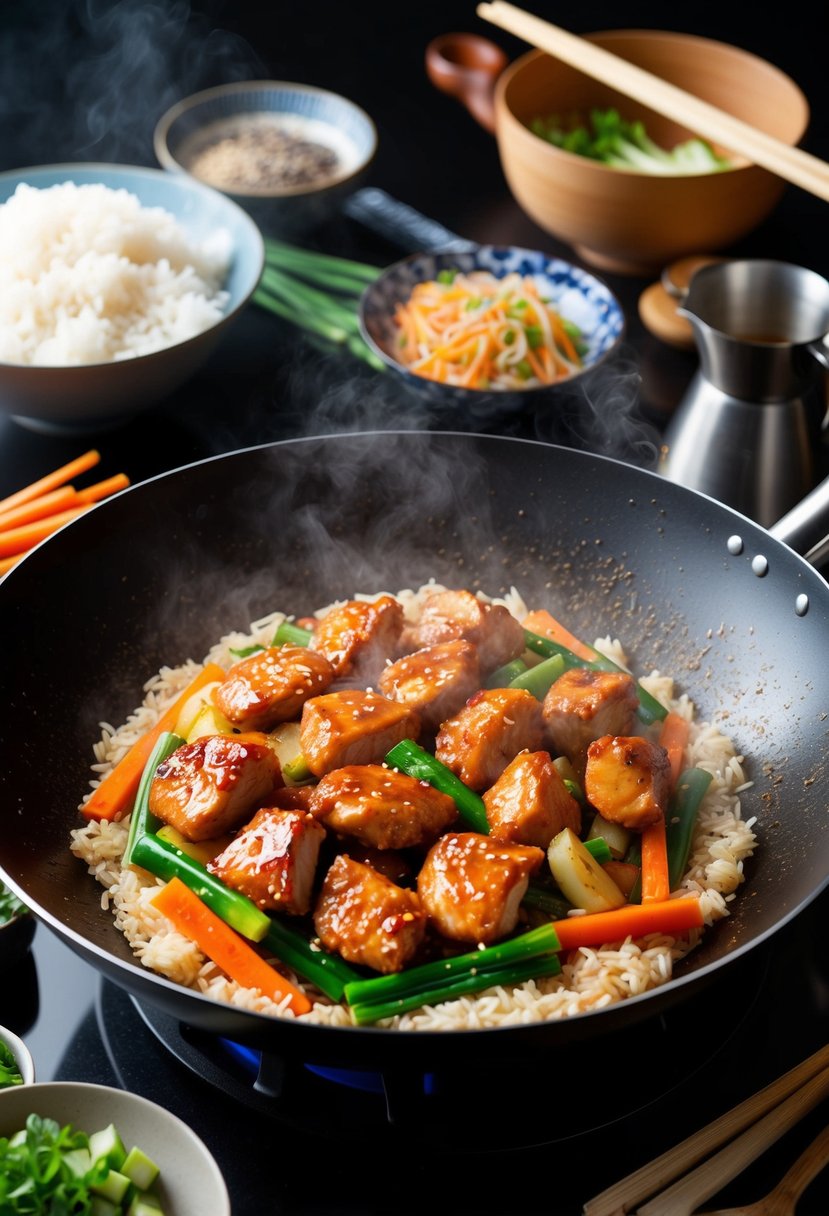 A sizzling wok filled with teriyaki chicken, colorful vegetables, and steaming rice, surrounded by Asian cooking ingredients and utensils