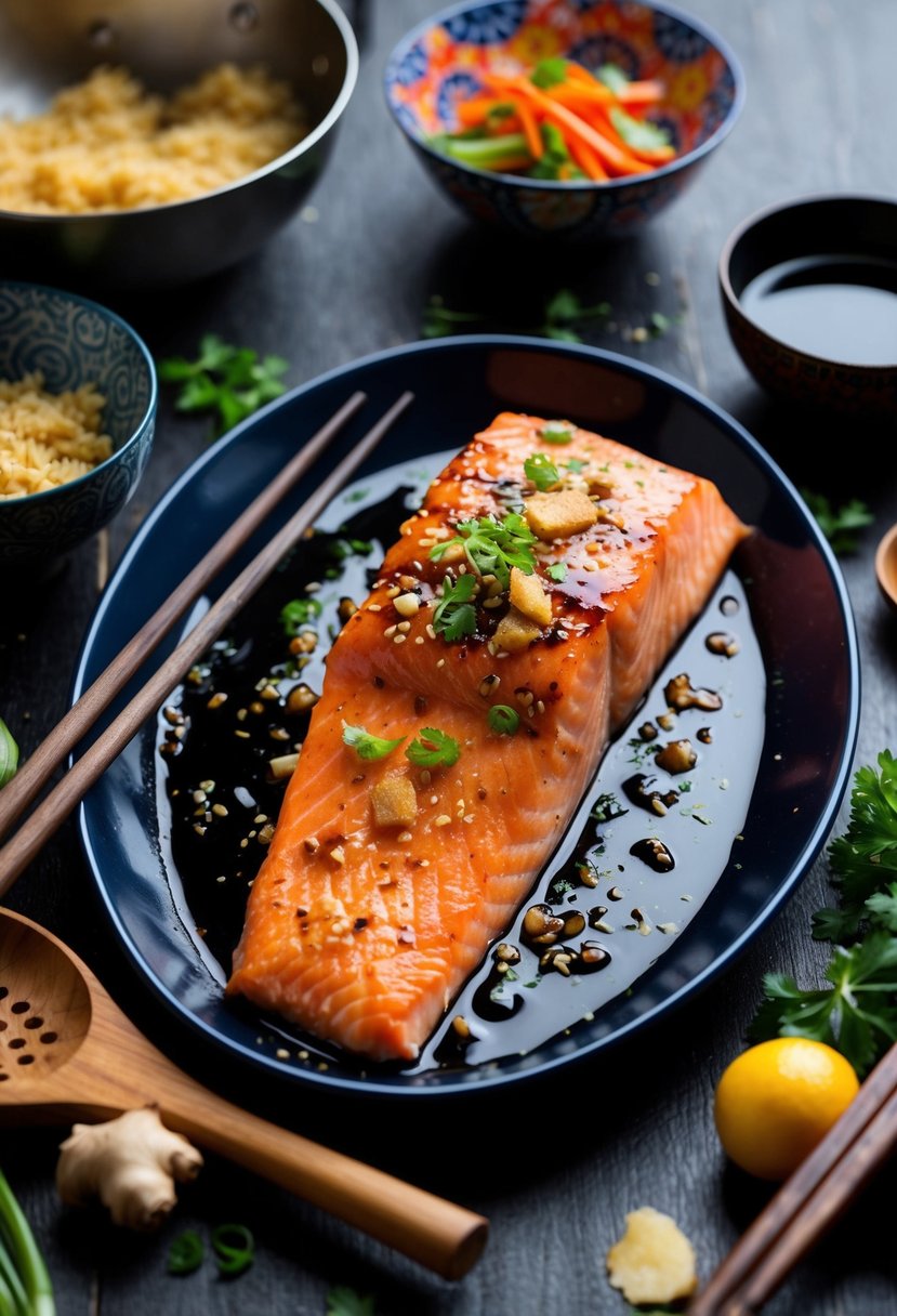 A sizzling salmon fillet glazed with ginger soy sauce, surrounded by vibrant Asian ingredients and cooking utensils