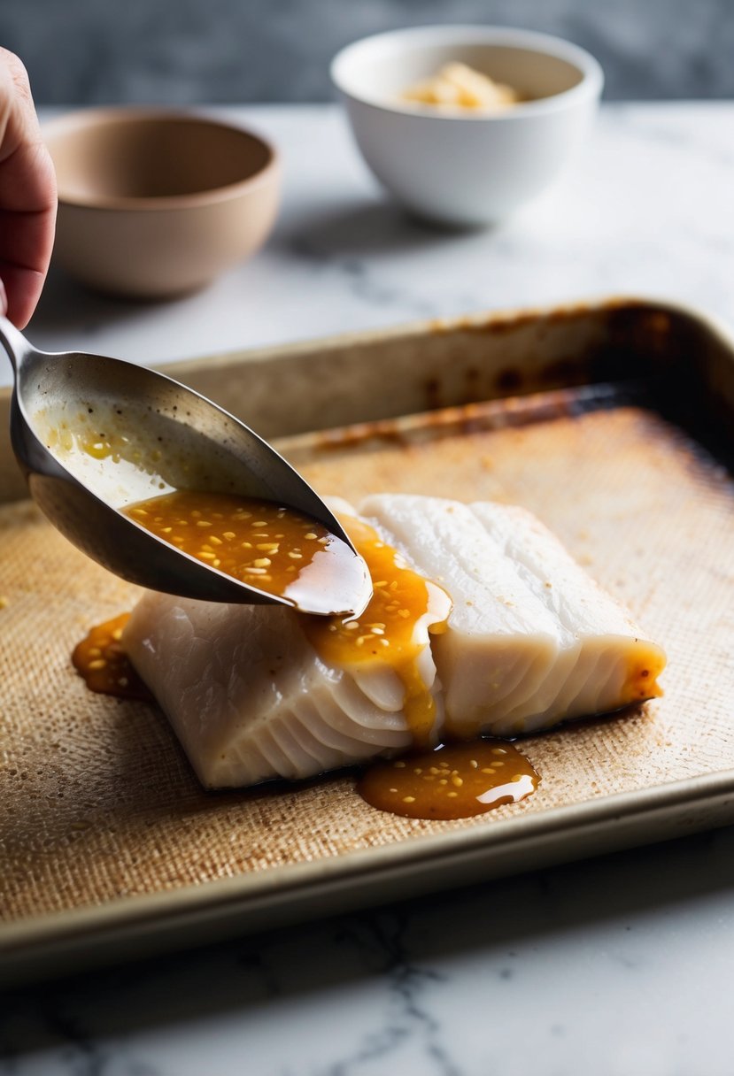 A piece of cod fish being glazed with a ginger soy sauce mixture on a baking sheet