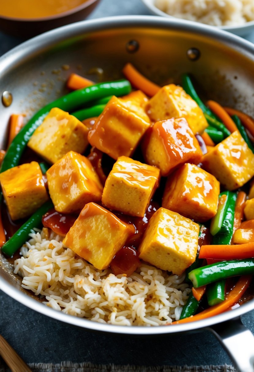 A sizzling pan of golden tofu chunks coated in a glossy sweet and sour sauce, surrounded by vibrant stir-fried vegetables and steaming jasmine rice