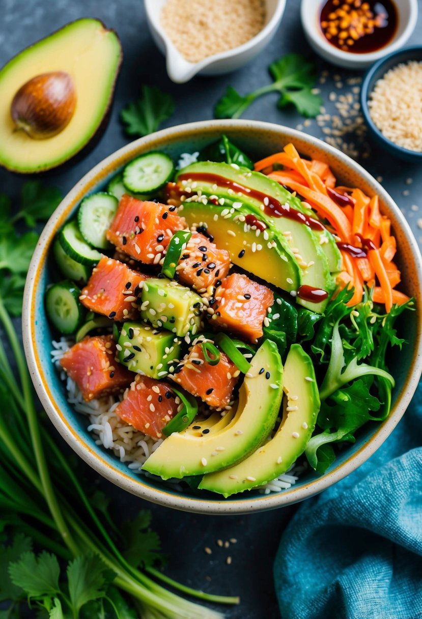 A colorful bowl filled with fresh chunks of spicy tuna, avocado, cucumber, and sesame seeds, surrounded by vibrant greens and a drizzle of savory sauce