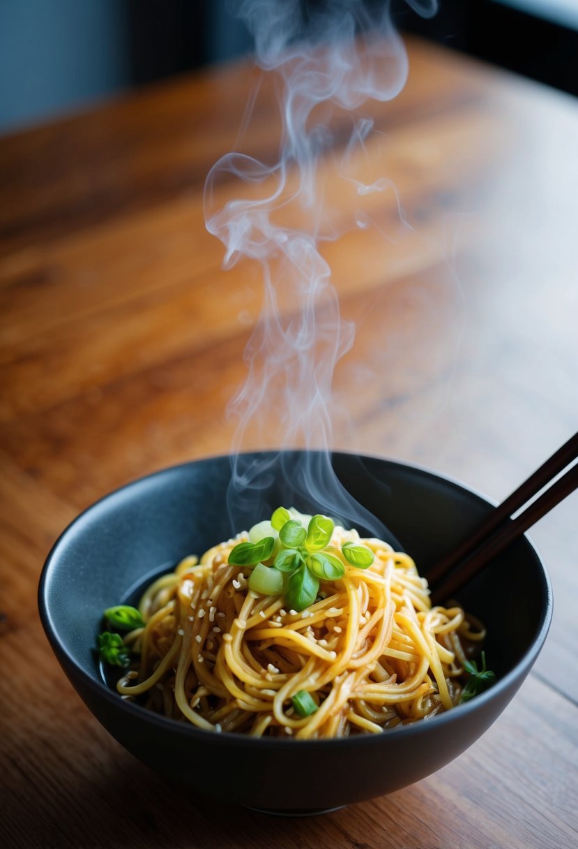 A steaming bowl of sesame garlic noodles with chopsticks and a garnish of green onions on a wooden table