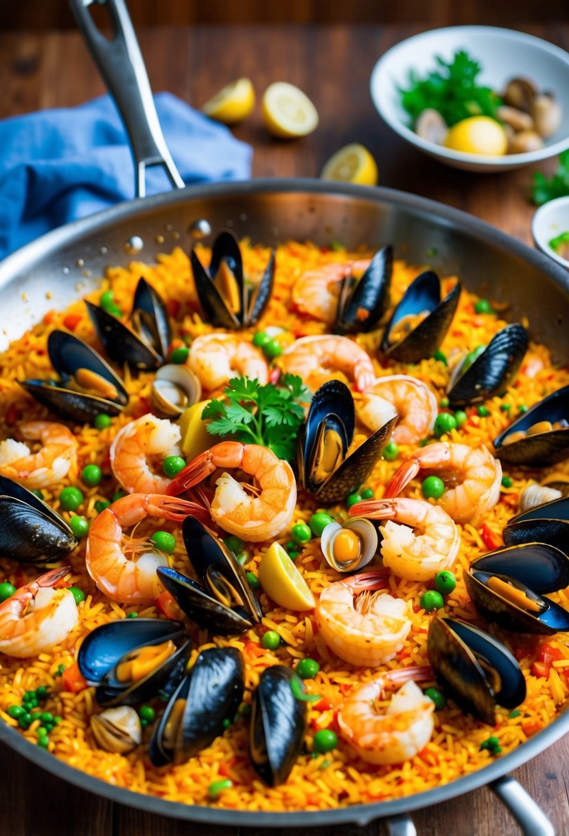 A colorful seafood paella sizzling in a large pan, filled with shrimp, mussels, clams, and vibrant vegetables, with saffron-infused rice and a hint of smoky flavor