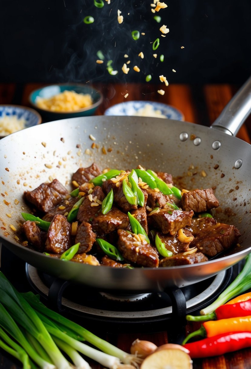 A sizzling wok stir-fries marinated beef with garlic, ginger, and soy sauce, surrounded by vibrant green scallions and red chili peppers