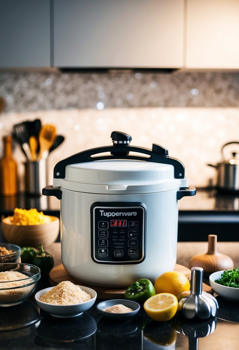 A tupperware pressure cooker surrounded by various ingredients and kitchen utensils on a countertop