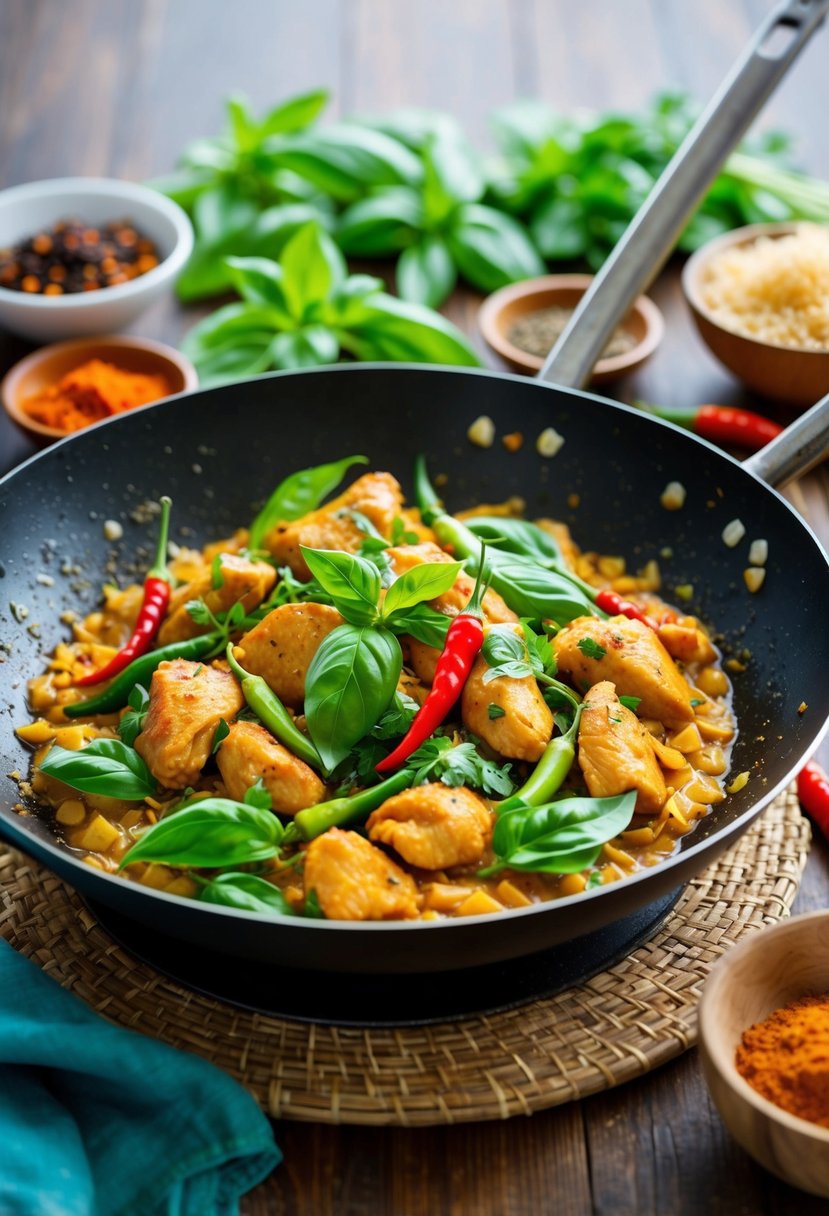 A sizzling wok of Thai basil chicken with vibrant green herbs and fiery red chilies, surrounded by aromatic spices and fresh ingredients