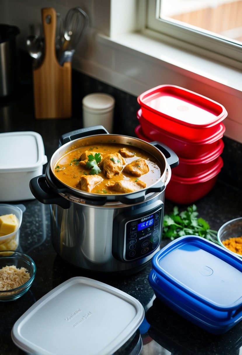 A pressure cooker filled with chicken curry sits beside a stack of tupperware containers. Ingredients surround the cooker on a kitchen counter