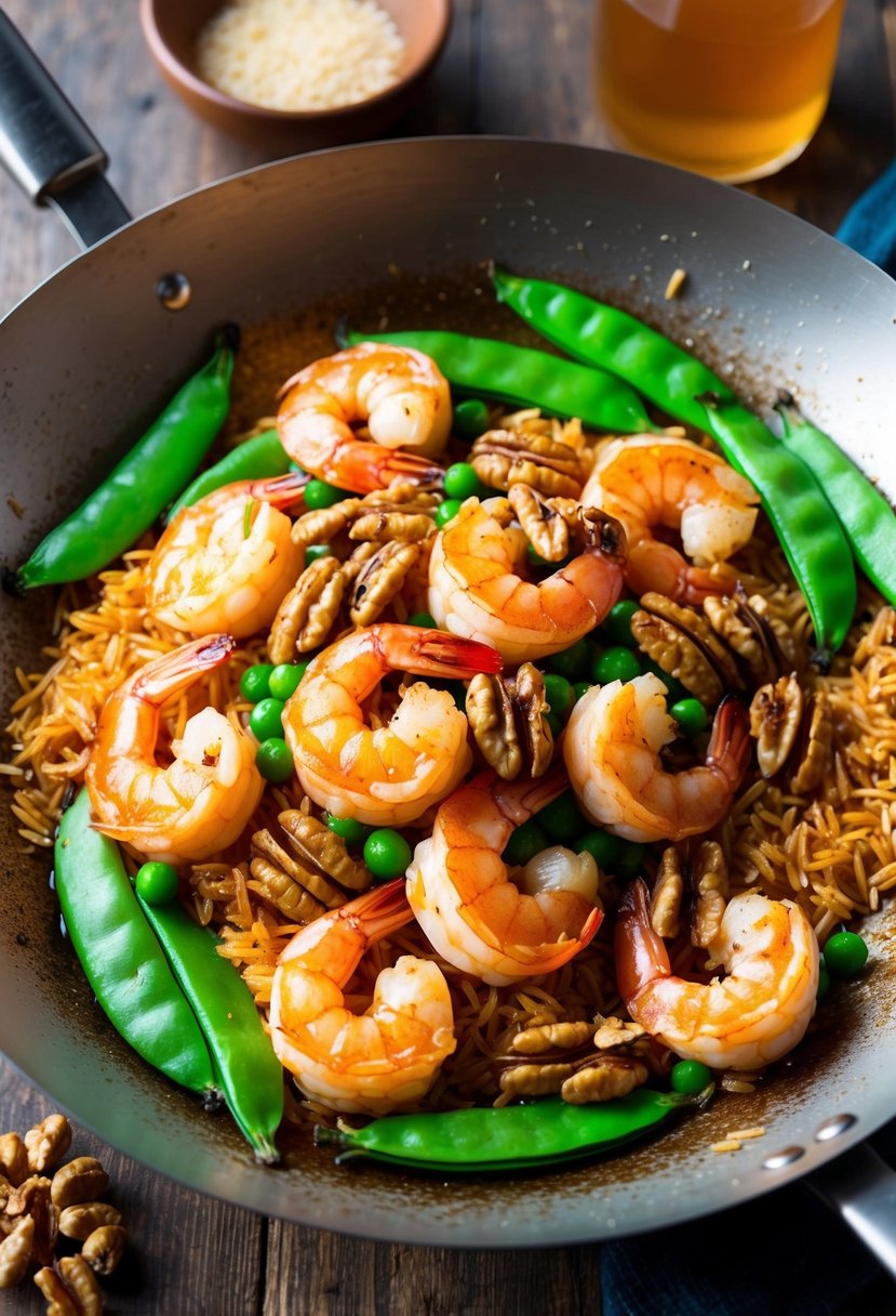 A sizzling wok with plump shrimp, honey glaze, and toasted walnuts, surrounded by vibrant green snap peas and golden brown rice