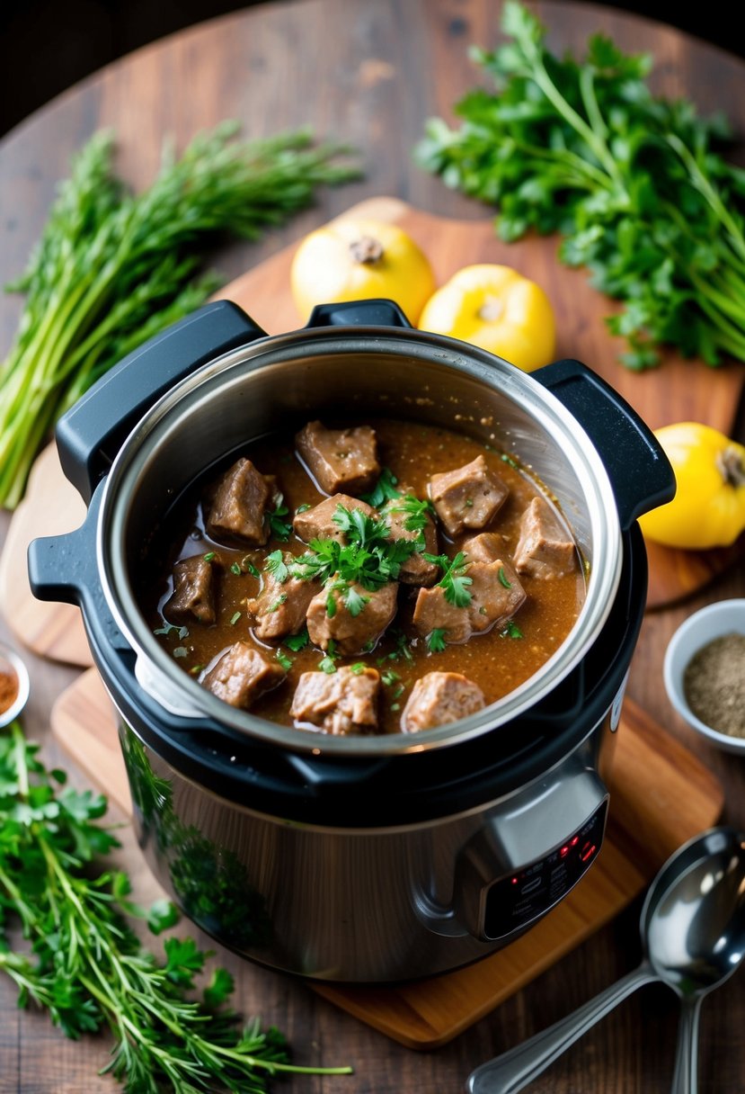 A pressure cooker filled with beef stroganoff, surrounded by fresh herbs and spices