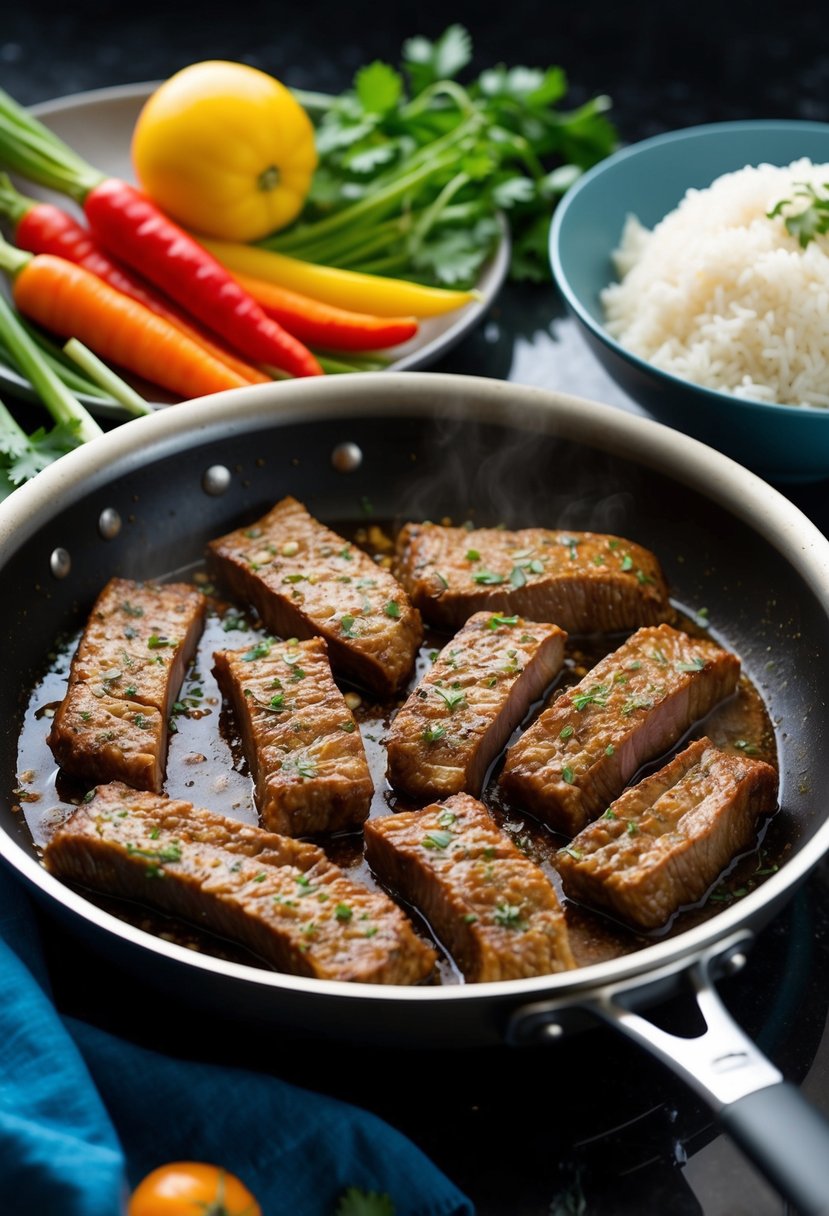 A sizzling hot pan with marinated beef strips, surrounded by colorful vegetables and a bowl of steamed rice