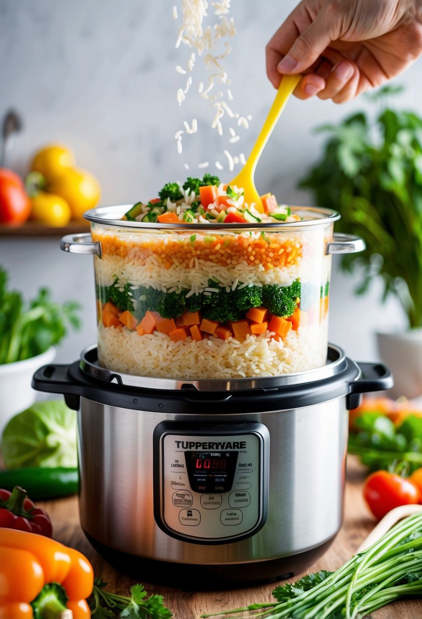 A colorful array of fresh vegetables, rice, and broth being carefully layered into a tupperware pressure cooker, ready to create a delicious vegetable risotto symphony