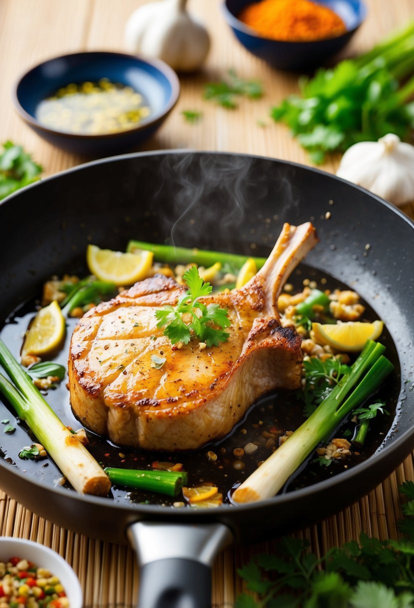 A sizzling pork chop cooking in a pan with lemongrass, garlic, and soy sauce, surrounded by colorful Asian spices and herbs