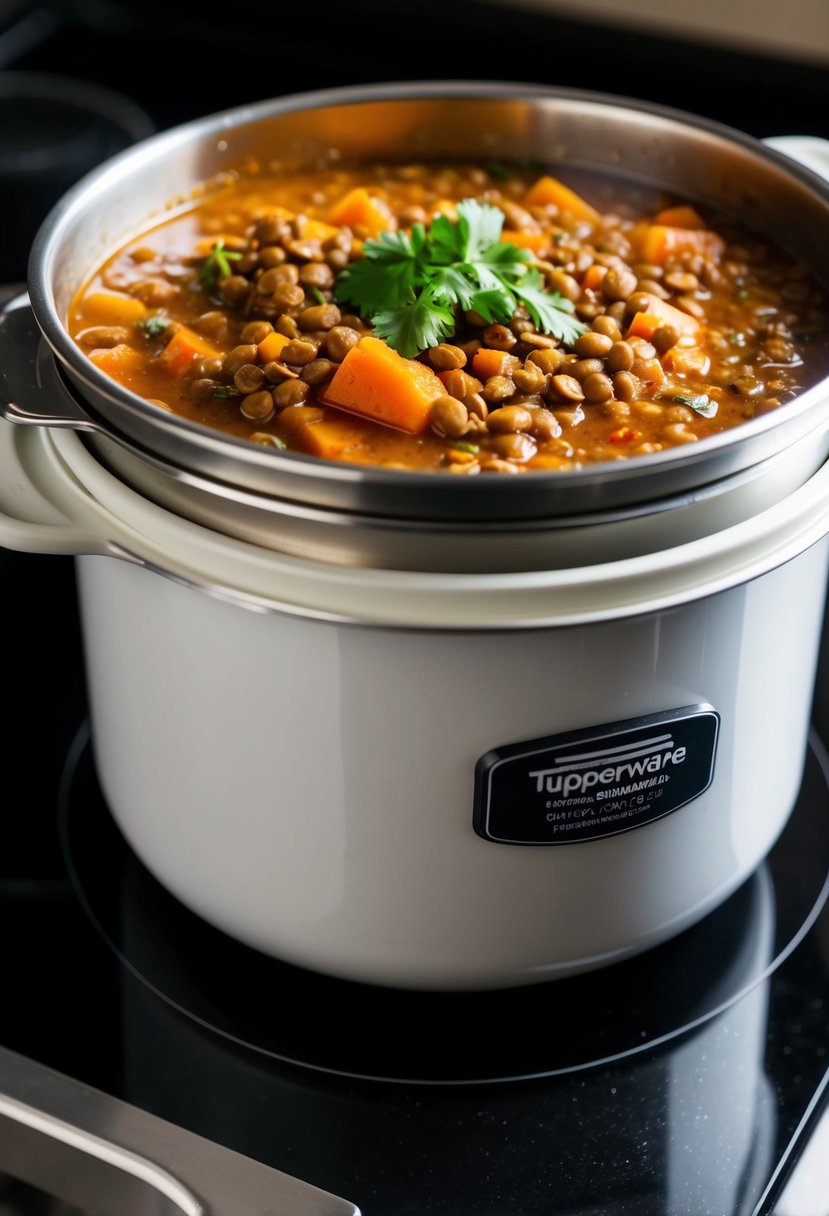 A tupperware pressure cooker filled with spicy lentil stew simmering on a stovetop