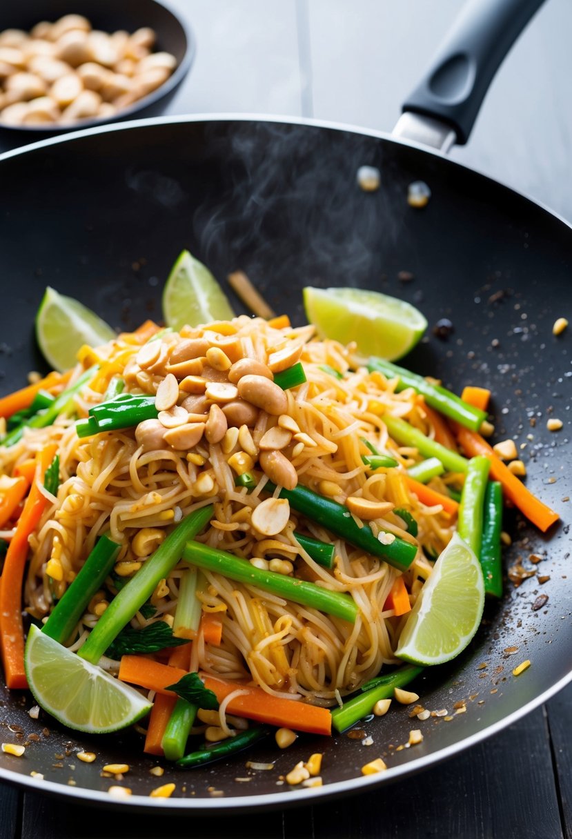 A sizzling wok with colorful stir-fried vegetables, rice noodles, and a savory pad thai sauce, garnished with peanuts and lime wedges