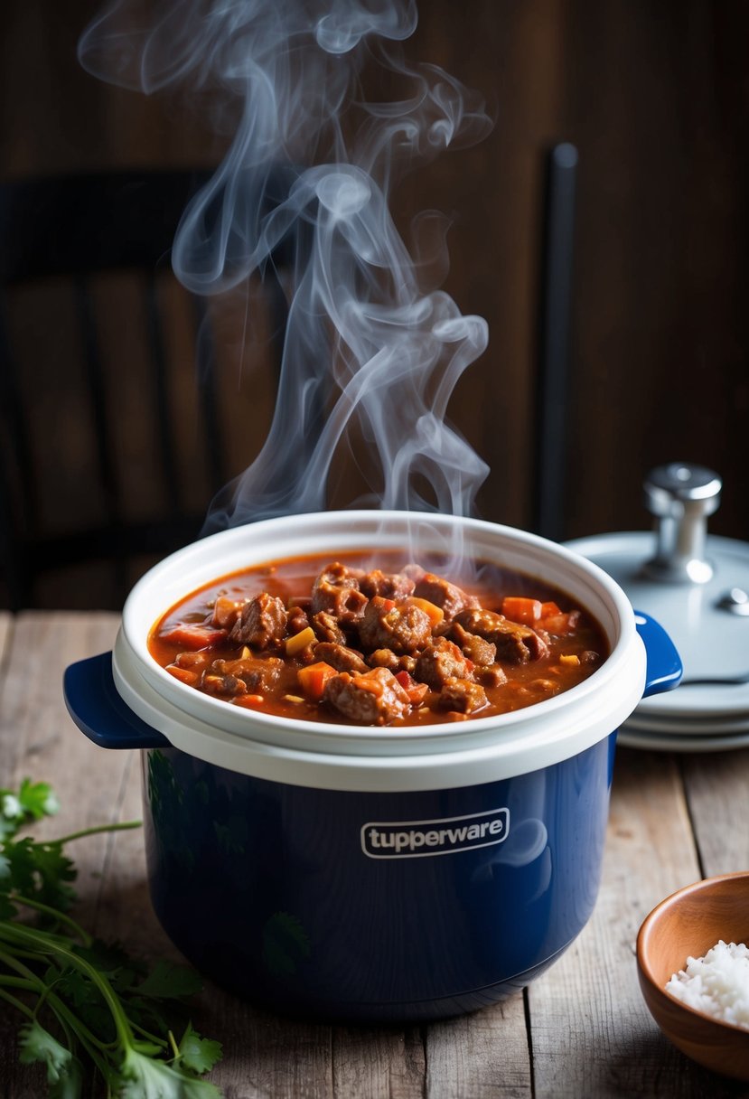 A tupperware pressure cooker filled with hearty beef chili, steam rising