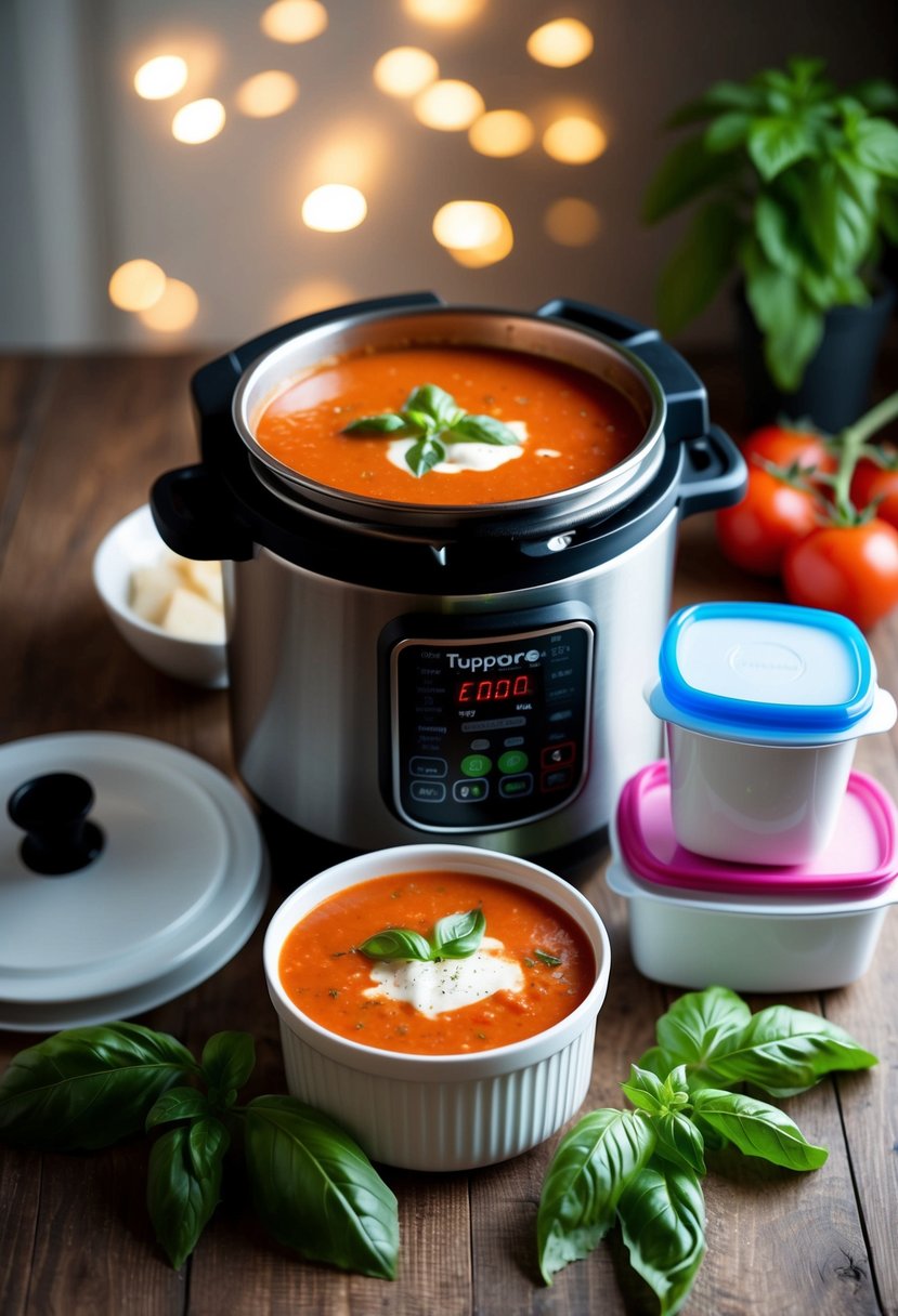 A pressure cooker filled with creamy tomato basil soup surrounded by fresh basil leaves and a stack of Tupperware containers