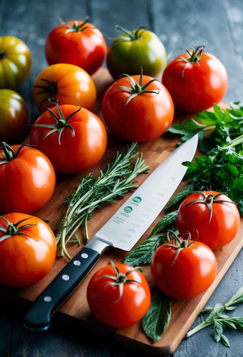 A variety of large tomatoes arranged on a wooden cutting board with fresh herbs and a chef's knife