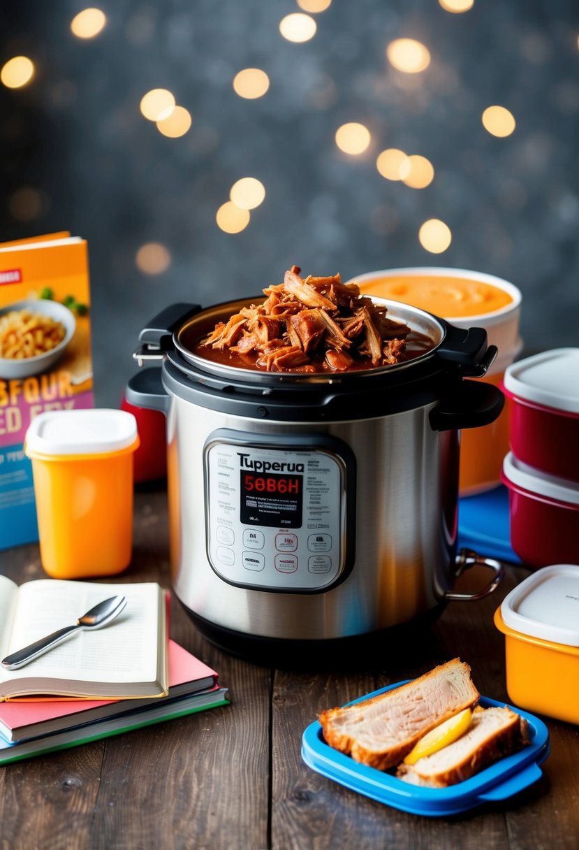 A pressure cooker filled with barbecue pulled pork, surrounded by tupperware containers and recipe books