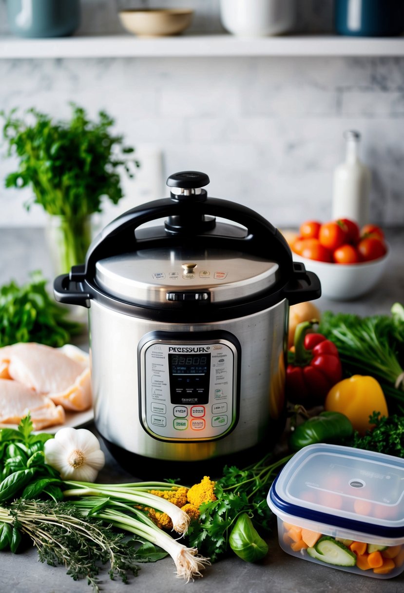 A pressure cooker surrounded by fresh vegetables, herbs, and raw chicken, with a tupperware container of prepped ingredients nearby