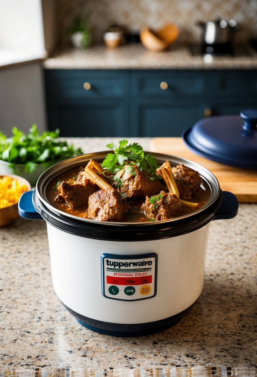 A tupperware pressure cooker filled with Moroccan lamb tagine ingredients on a kitchen counter