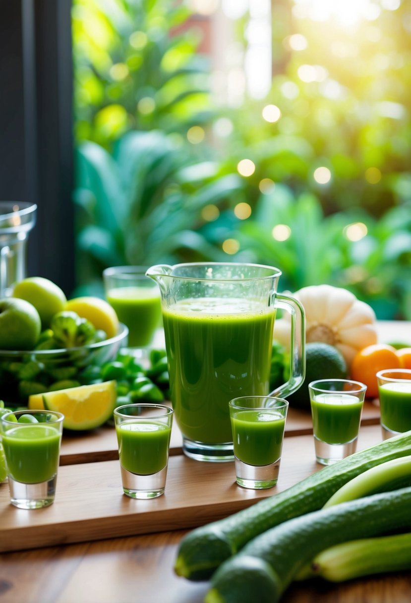 A table with various green fruits and vegetables, a blender, and small shot glasses filled with vibrant green juice