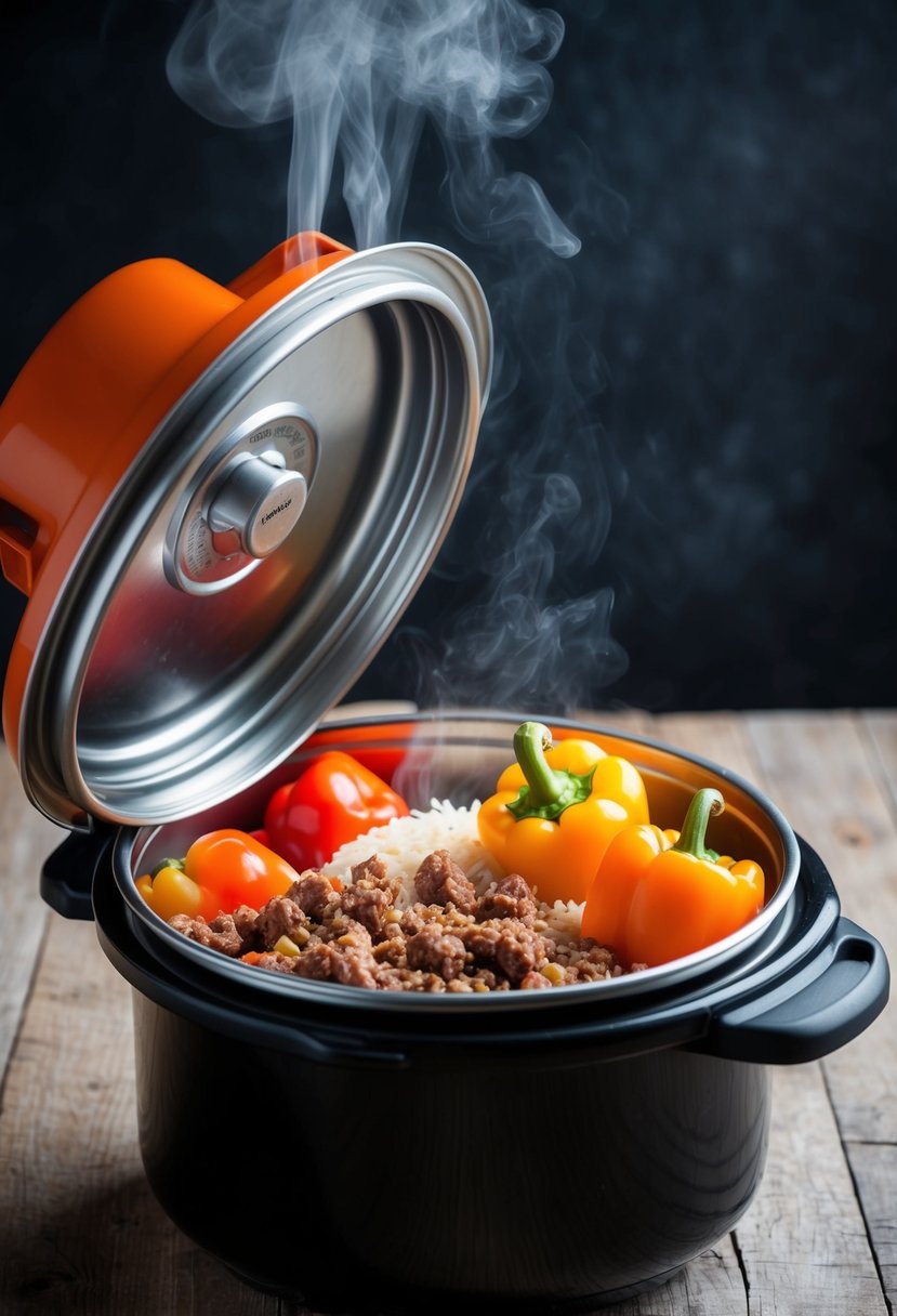 Bell peppers, rice, and ground meat inside a tupperware pressure cooker. Steam escaping from the lid